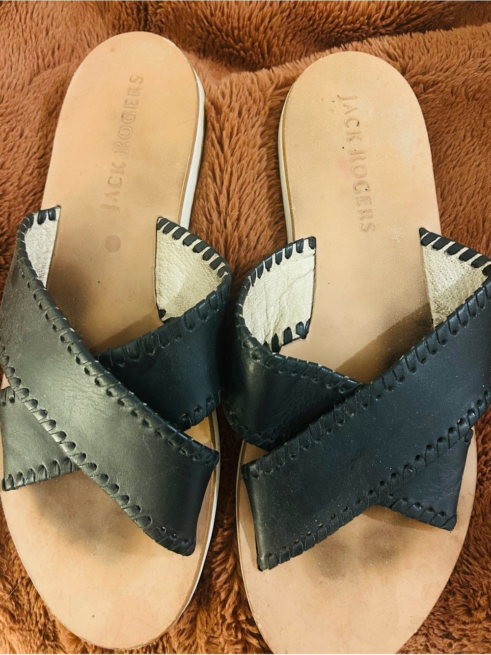 Jack Rogers Black Crisscross Leather Slide Sandals